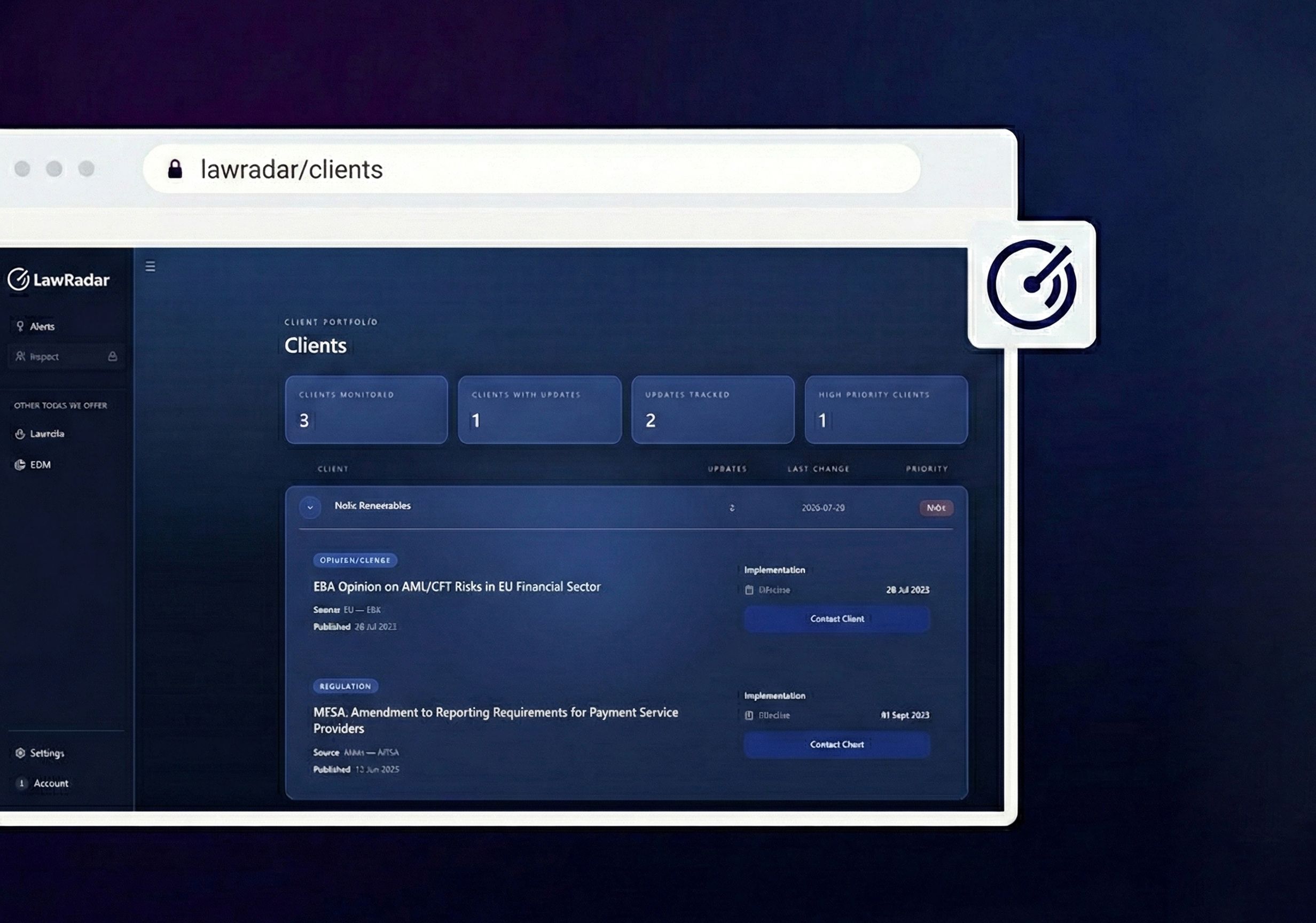 LawRadar dashboard summarizing new compliance activity.