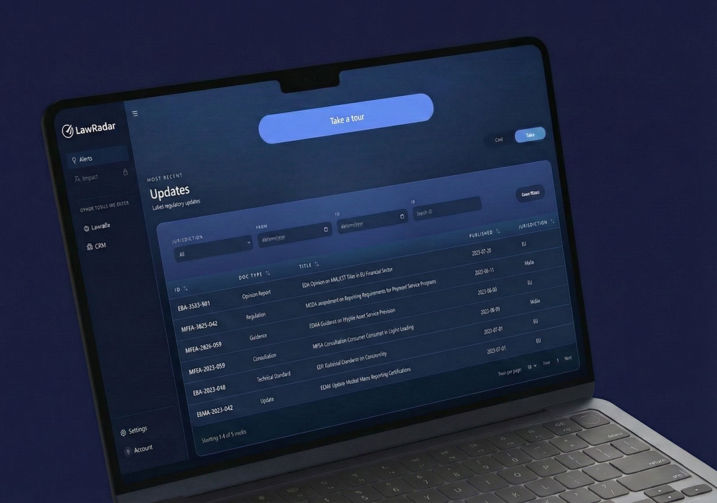 Workflow view for routing LawRadar alerts to client follow-ups.